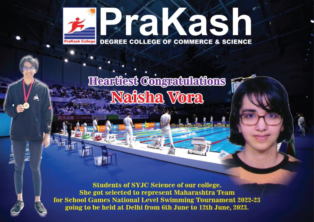 Heartiest Congratulations Naisha Vora Students of SYJC Science of our college. She got selected to represent the Maharashtra Team for the School Games National Level Swimming Tournament 2022-23 going to be held in Delhi from 6th June to 12th June 2023.