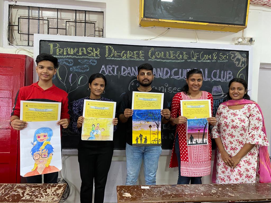 Prakash Degree College of Commerce and Science organized a painting, competition, with and theme “Father’s Day” on Monday 19th June, 2023 for the students of T.Y. Bcom day degree college. Students expressed their gratitude towards their father by making unique and attractive paintings with wonderful messages.